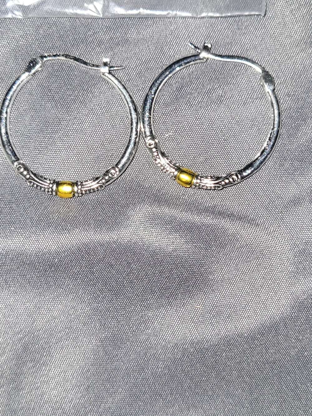 Silver Hoop Earrings with Gold Accent Bead - Women Jewelry
